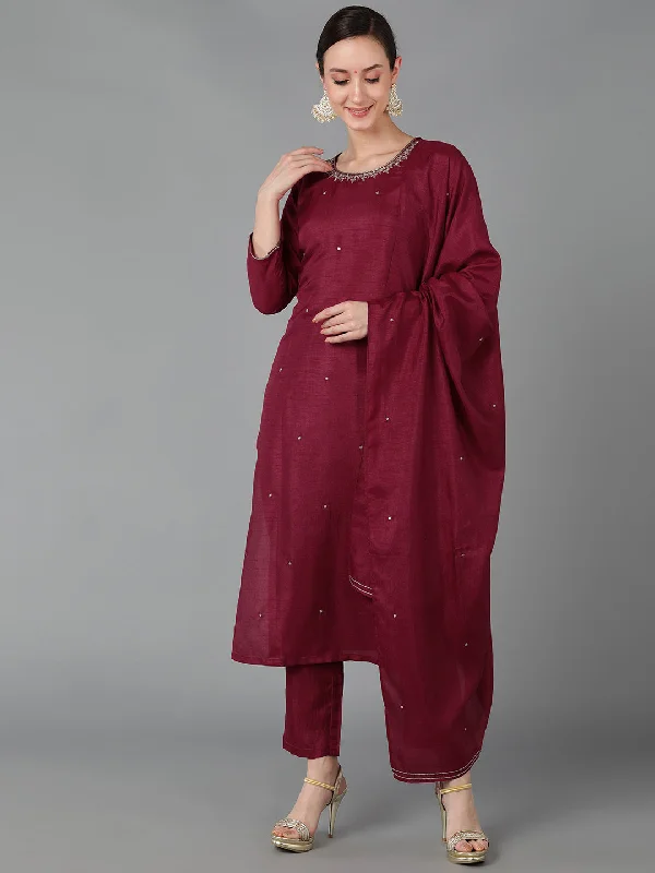 Women's Silk Blend Solid Kurta Pants With Dupatta - Ahika Chic Wool Trousers