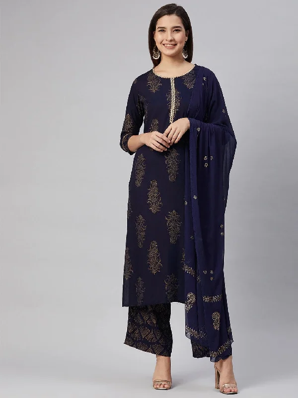 Women's Cotton Printed Kurta Pant Dupatta Set - Ahika Trendy Palazzo Pants
