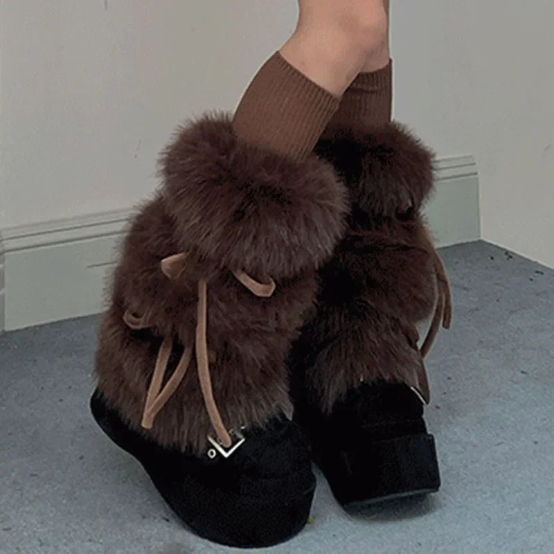 Sohiwoo Faux Rabbit Fur Leg Warmers Winter Thickened Plush Bow Tie Plush Leggings Cold Protective Leggings Boot Cover Y2k Punk Socks Elegant Metallic Leggings