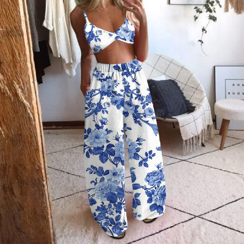 Sexy Porcelain Print Blue & White Bandeau Top & Pants Set Soft Cotton Pants