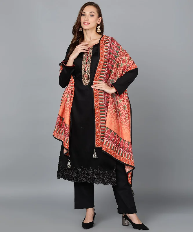 Women's Black Cotton Blend Straight Kurta Pant With Dupatta - Ahika Chic Slim Fit Pants