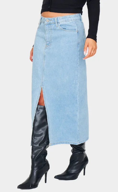 Light Blue Wash Split Front Mid Rise Denim Midi Skirt maxi skirt elegant