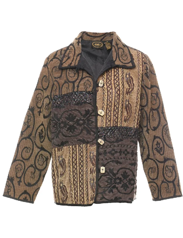 Black, Brown & Light Brown Patterned Tapestry Jacket - M Welt Pockets Slit Pockets Flap Pockets