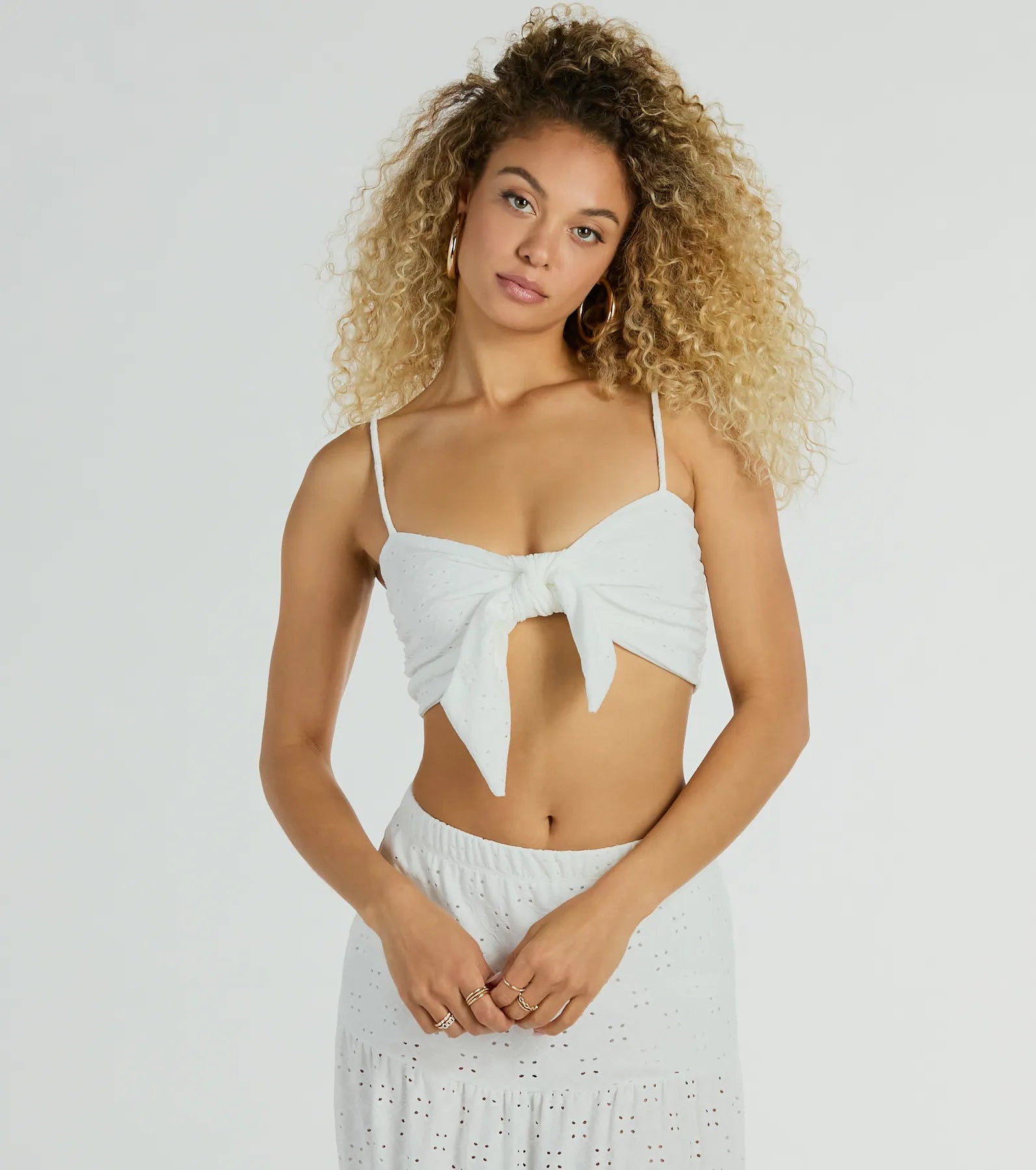 Spring Breeze Sweetheart Tie Eyelet Crop Top Boxy Fit Fitted Loose