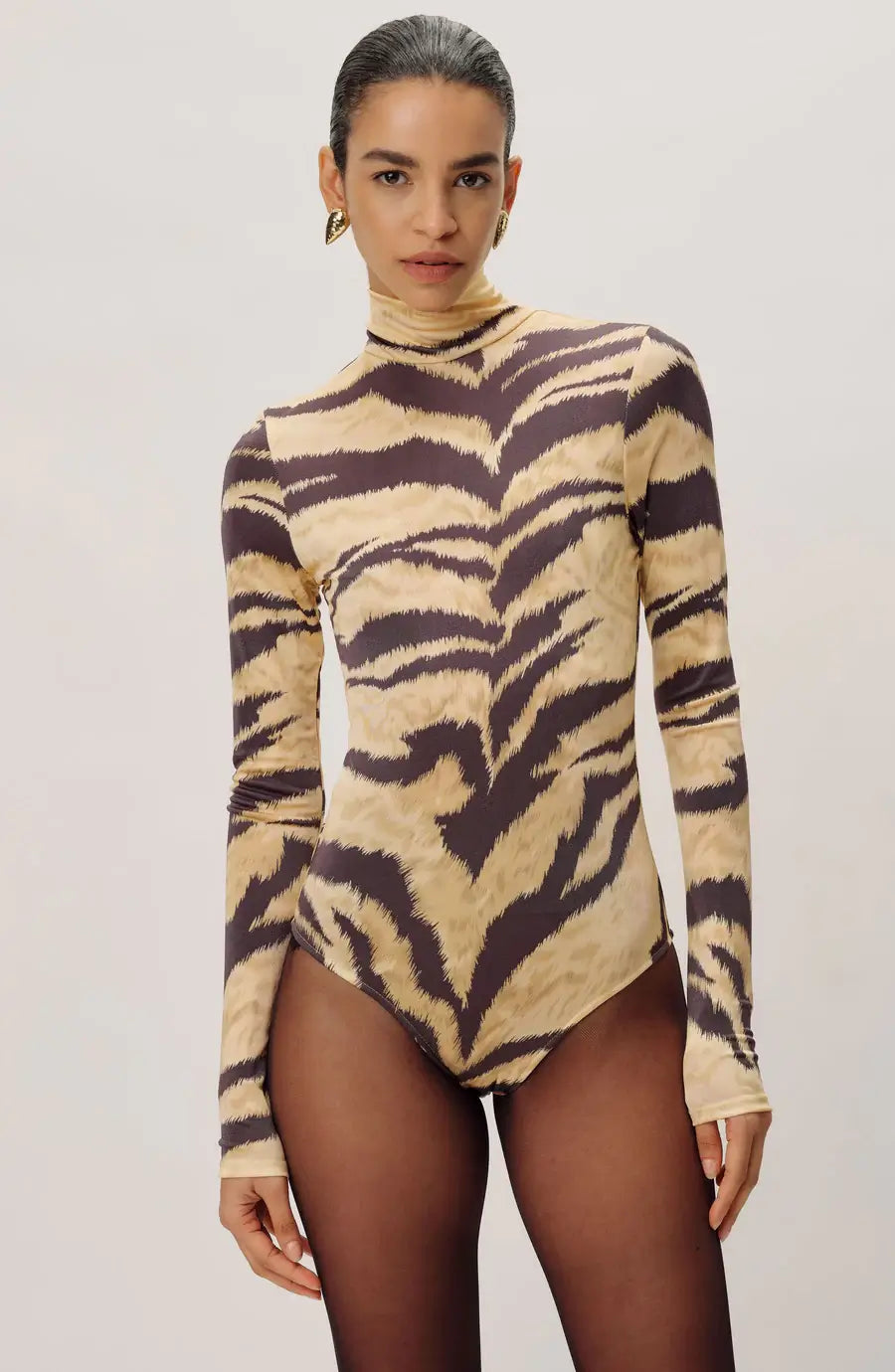 Ronny Kobo - Luca Bodysuit in Black & Tan tiger print Stylish Plunging Neck Bodysuit