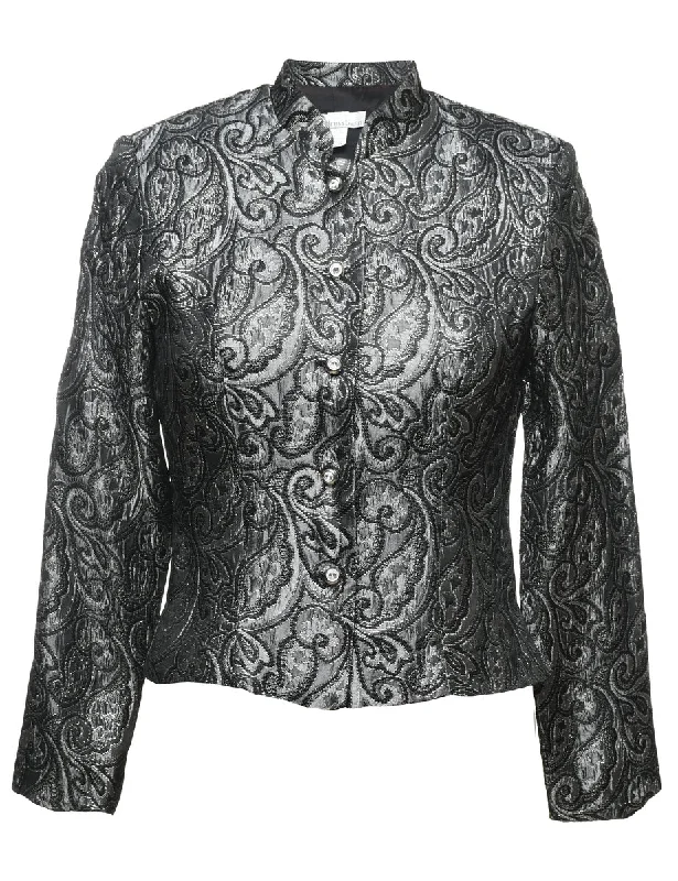 Dress Barn Black & Silver Metallic Paisley Pattern Evening Jacket - M Trench Coat Raincoat Waterproof Jacket
