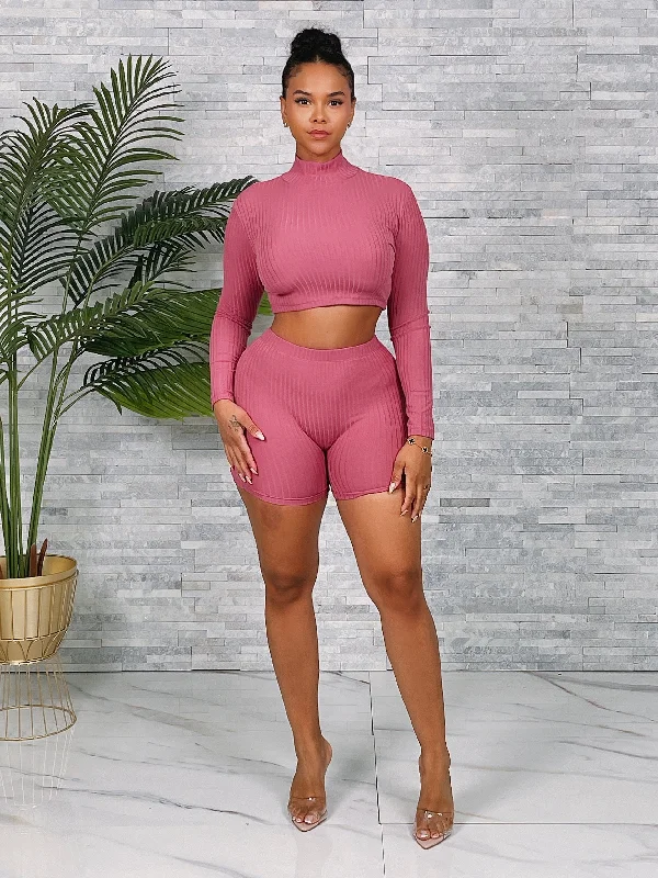 BTP3359P-Ribbed Crop Top & Shorts Set Silk Blend Satin Velvet