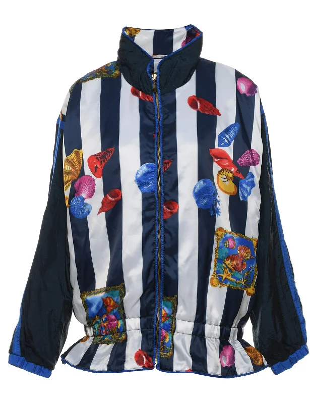 Navy Shell Design Zip-Front Nylon Jacket - L Zip Front Button Front Snap Front