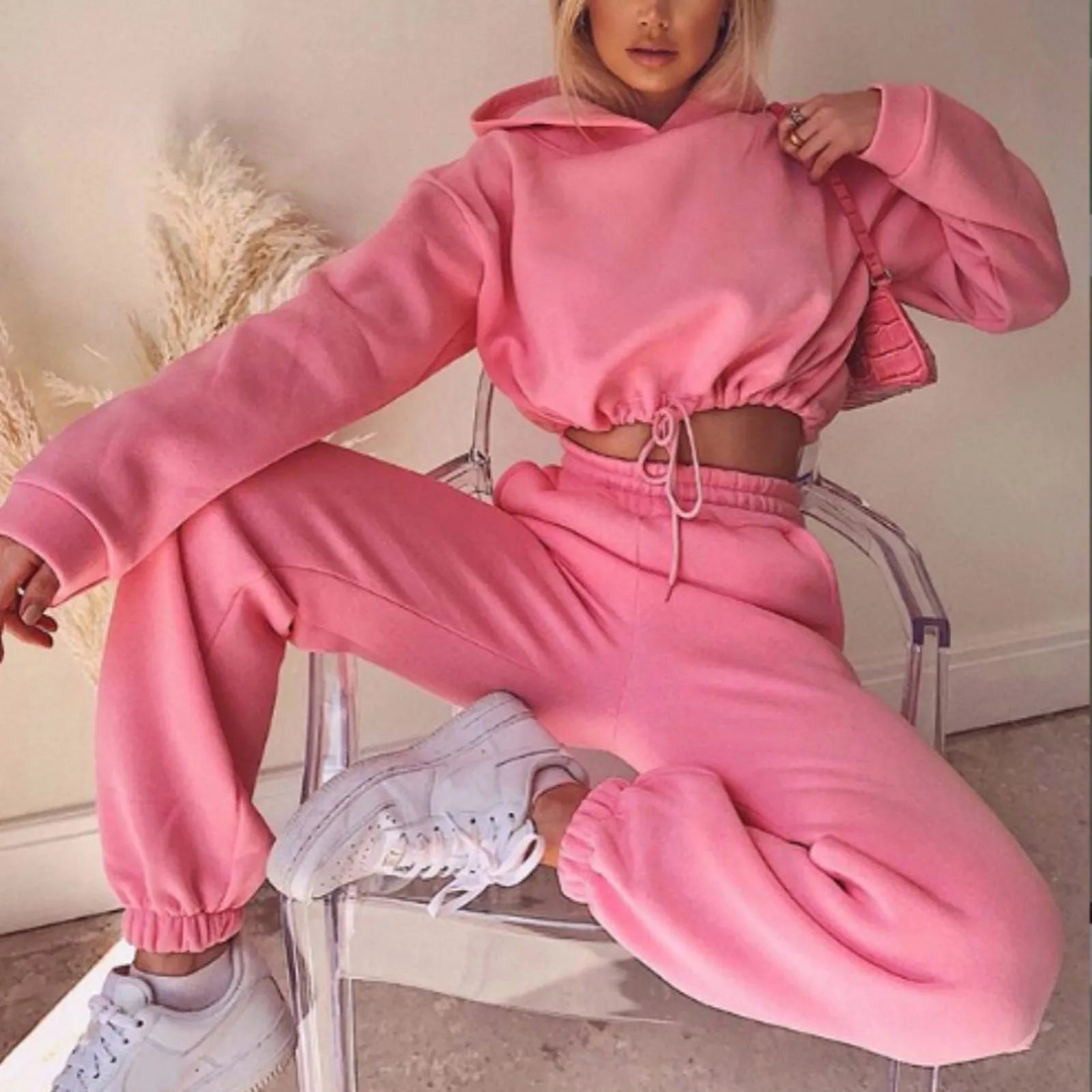 Y2K Loose-Fit Crop Top Tracksuit Set - 2pc Knit Fabric Woven Fabric Fleece Fabric