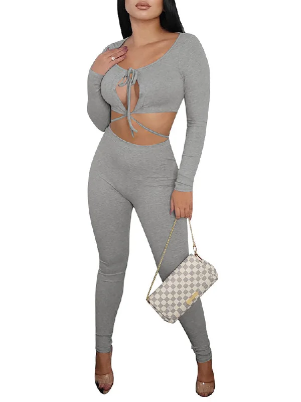 Two Piece Scopped Neck Crop Top & Long Pants Chenille Blend Fleece Blend Nylon Blend