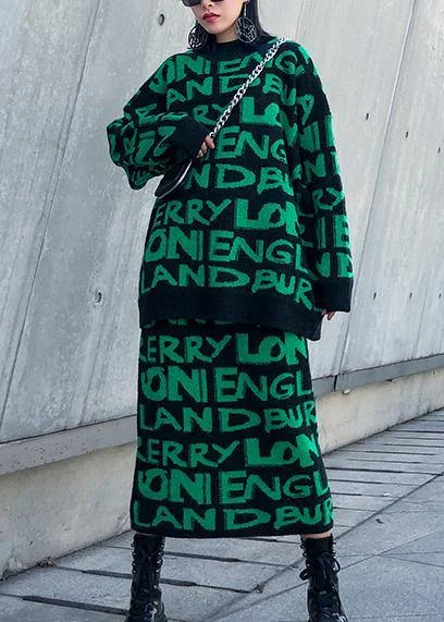 Cozy winter green prints knit sweat tops and elastic waist skirt casual two pieces cashmere skirt soft