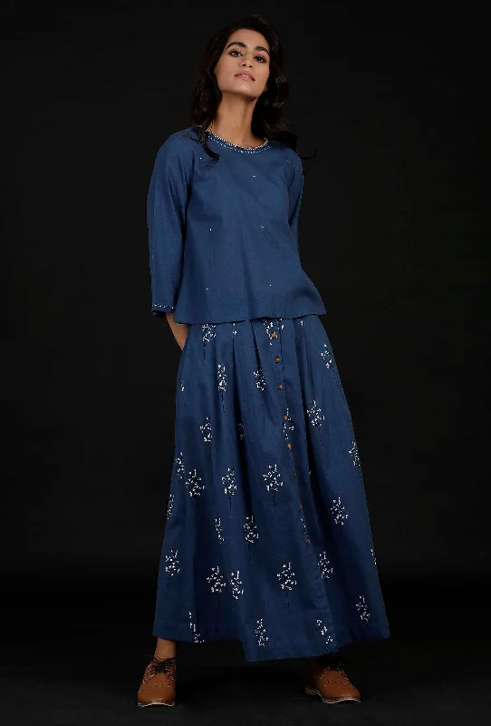 Denim Blue Block Print Cotton Skirt denim skirt fashionable