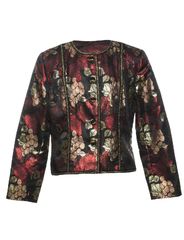 Floral Pattern Maroon & Silver Metallic Evening Jacket - M Quilted Jacket Puffer Jacket Insulated Jacket