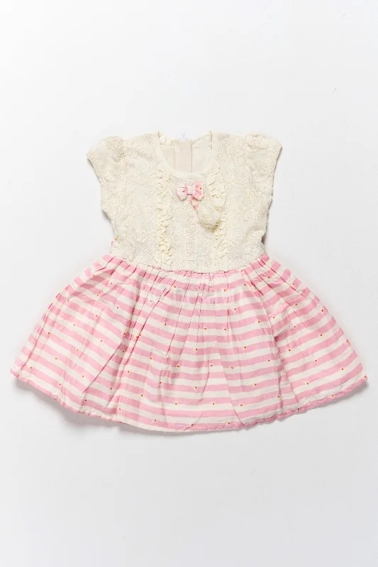Cotton Simple Frock for Girls with White Lace Bodice and Pink Striped Skirt – Adorable Everyday Wear belted skirt waist