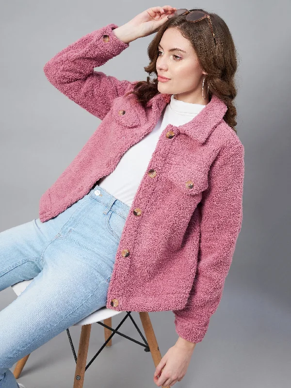 Women's Pink Fleece Casual Winter Jacket - StyleStone Zip Front Button Front Snap Front