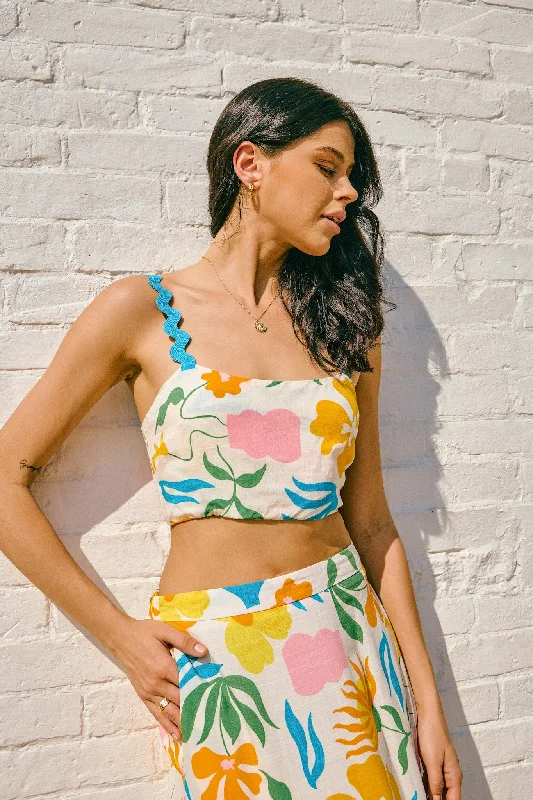 Magnolia Yellow Blue Floral Ric Rac Crop Top Print Jacquard Patchwork