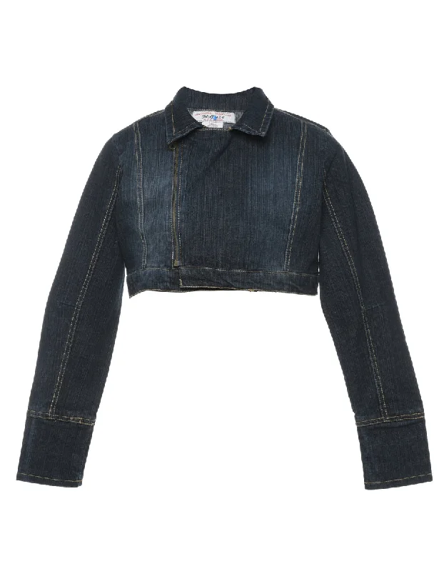 Dark Wash Cropped Y2K Denim Jacket - M Snapped Jacket Toggled Jacket Drawstring Jacket