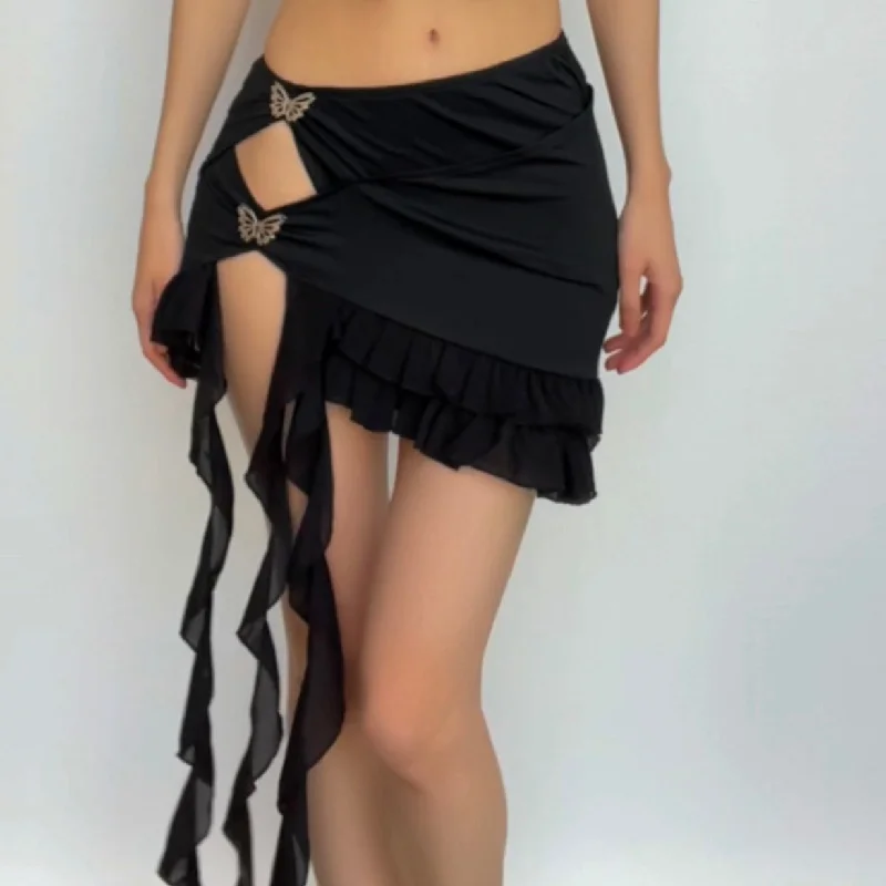 Irregular hollow out ribbon butterfly applique solid ruffle cut out mini skirt denim skirt casual