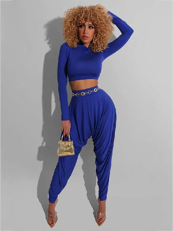2 Pieces Long Sleeve Bodycon Crop Top+Harem Pants Sets Mesh Blend Leather Blend Suede Blend
