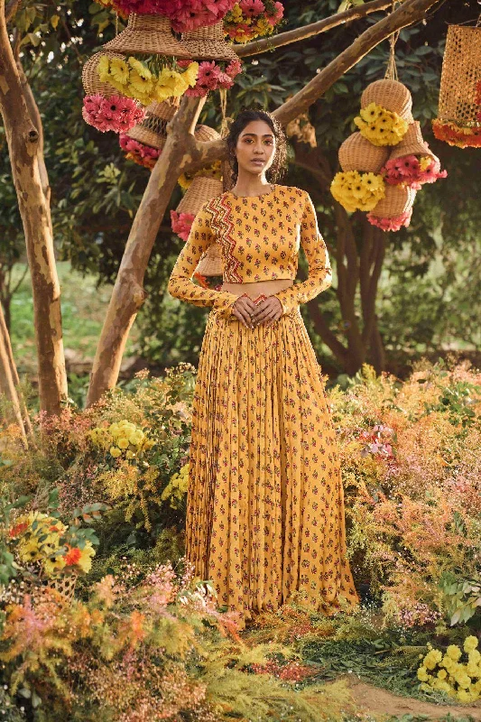 Mustard Printed Crop Top With Skirt Handmade Hand-knitted Hand-woven