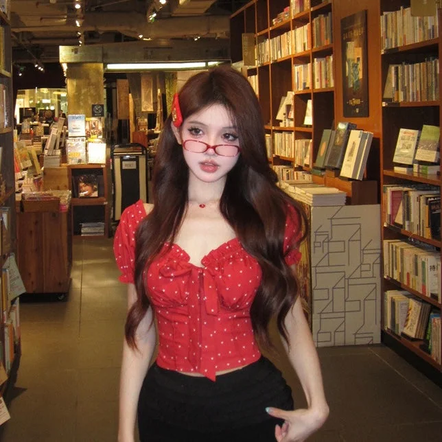 Red Puff Sleeve Crop Top Zippered Buttoned Snapped