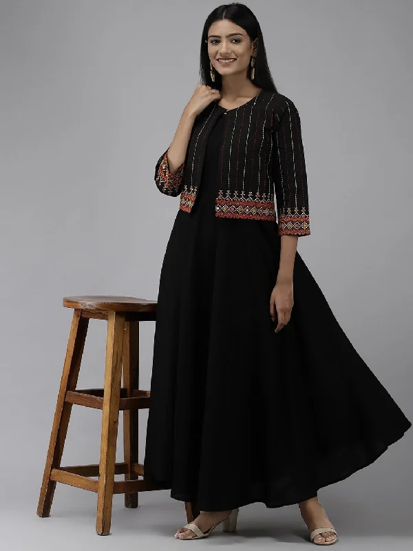 Black Ethnic Dress with Jacket Notch Collar Peter Pan Collar Cowl Neck