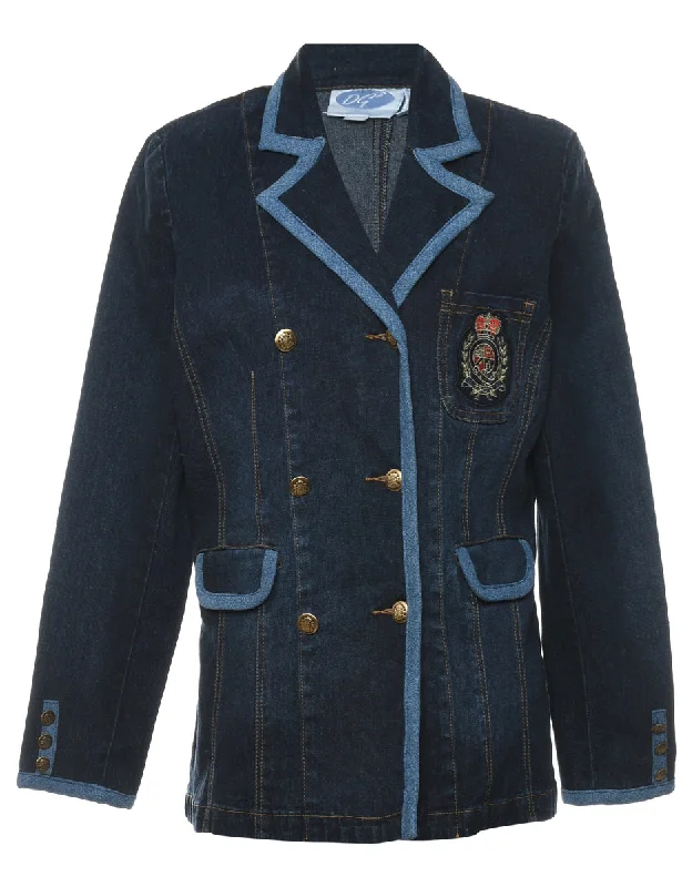 Indigo Button-Front Denim Jacket - M Welt Pockets Slit Pockets Flap Pockets