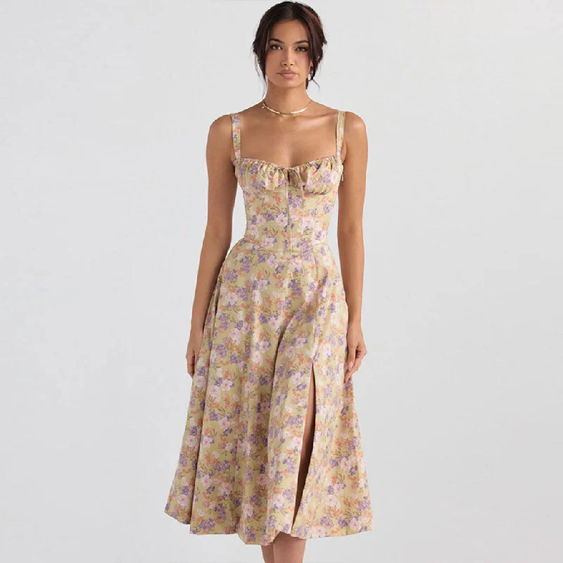 Floral Printed Crop Top and Classic Tiered Ruffle Skirt Matching Set Seamless Knitted Crochet