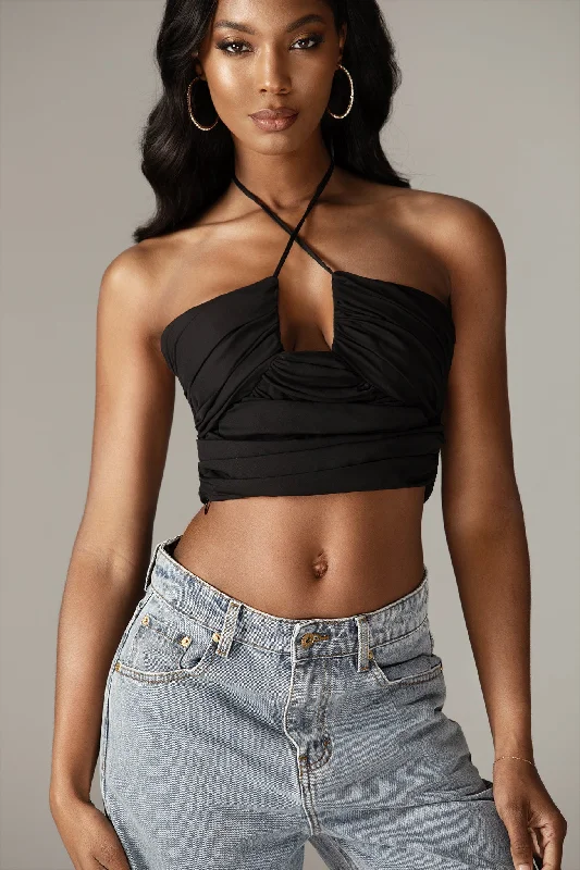 Davina Ruched Crepe Crop Top (Black) Wool Fabric Cashmere Fabric Tweed Fabric