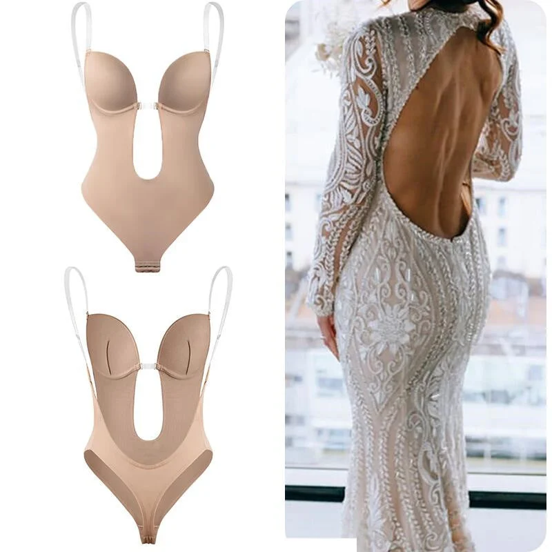 Low Plunging Bodysuit Shapewear with Big U Open Back Womens Bust Lifter Body Shaper Stylish Bodysuit with Cross Front