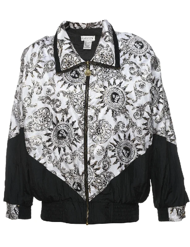 Black & White Patterned Nylon Jacket - L Welt Pockets Slit Pockets Flap Pockets
