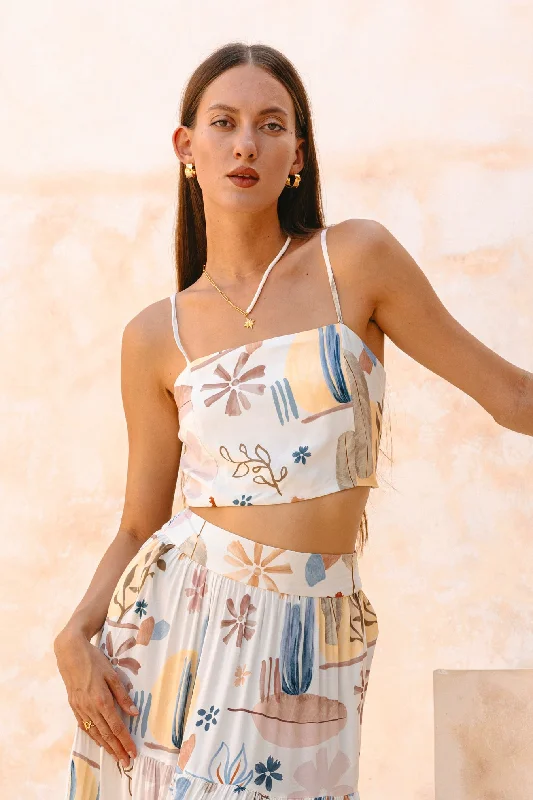 Nyra White Abstract Crop Top Polka Dot Checkered Tartan