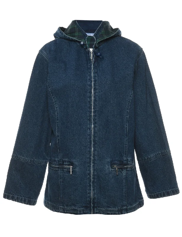 Hooded Denim Zip-Front Dark Wash Jacket - S Snapped Jacket Toggled Jacket Drawstring Jacket