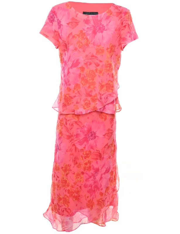 Floral Print Orange & Pink Patterned Top & Skirt Set - L flowy skirt hem