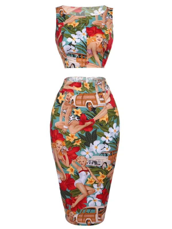 2PCS 1960s Retro Lady Crop Top & Pencil Skirt Front Pockets Side Pockets Patch Pockets