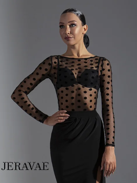 Long Sleeve Polka Dot Mesh Practice Top for Latin or Ballroom (No Bodysuit) PRA 605 Comfortable Seamless Bodysuit