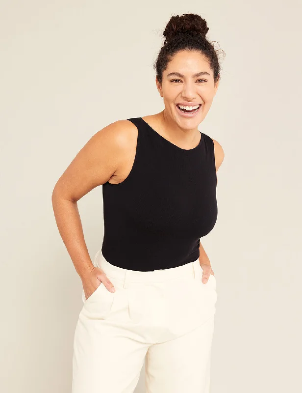 Ribbed Boat Neck Bodysuit - Black Stylish High-Waisted Bodysuit