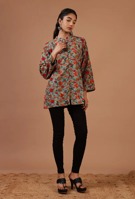 Teal Blue & Multicolor Ari Embroidered Kani Short Jacket Tailored Jacket Straight Jacket A-Line Jacket