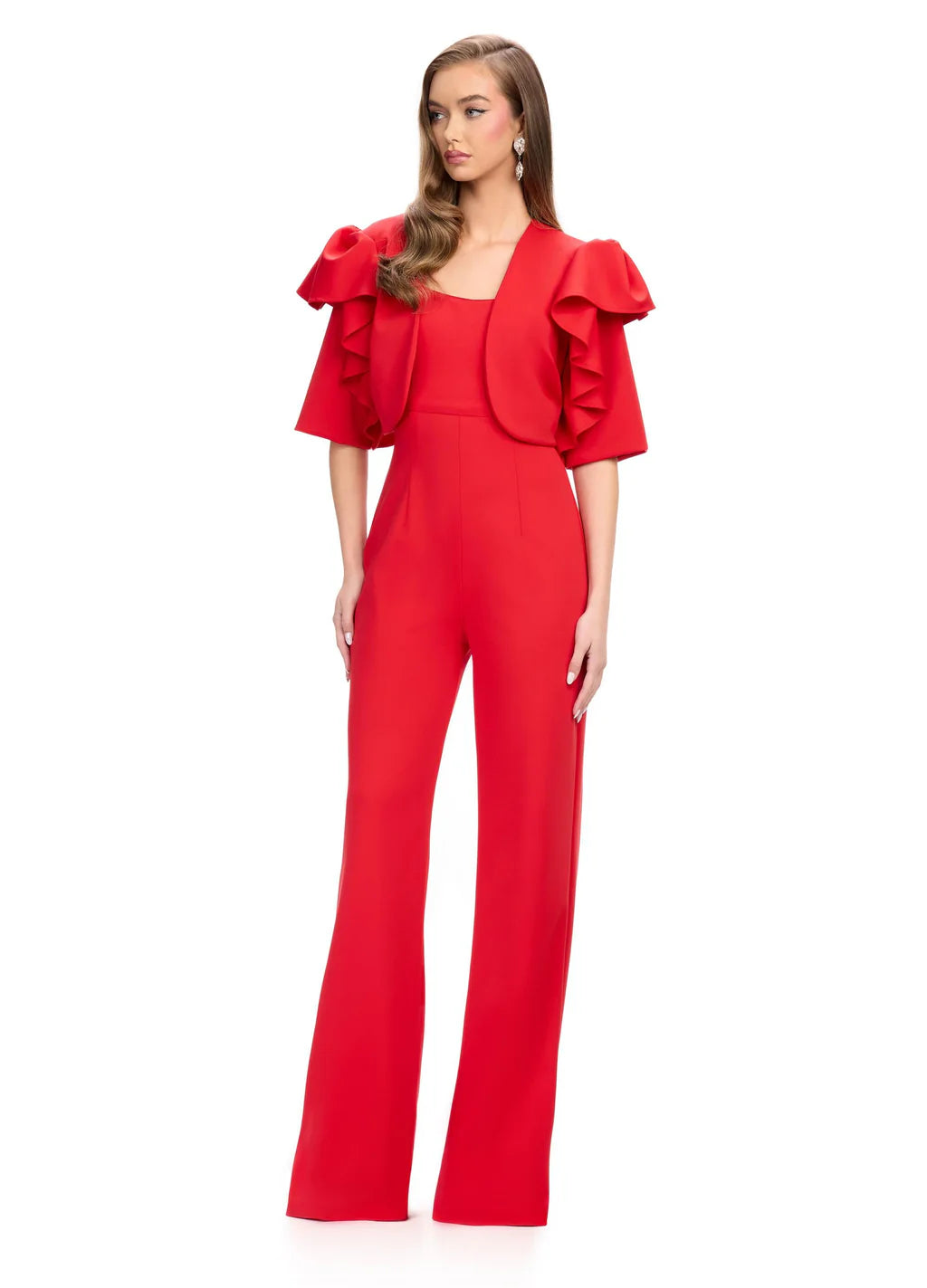 Ashley Lauren 11760 Scuba Jumpsuit with Jacket Ruffle Sleeves Wide Pants Legs Hooded Jacket Caped Jacket Shawl Collar Jacket