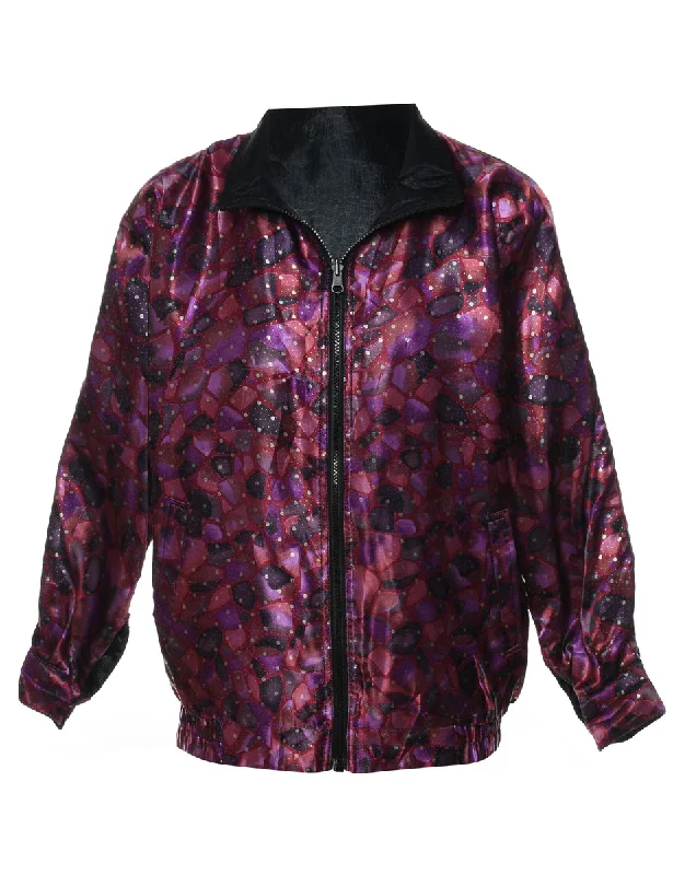 Abstract Print Maroon & Purple Nylon Jacket - M Elasticated Jacket Padded Jacket Insulated Jacket