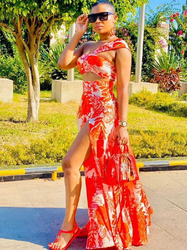 Two Piece Sleeveless Floral Crop Top & Maxi Skirts Graphic Embroidered Appliqued