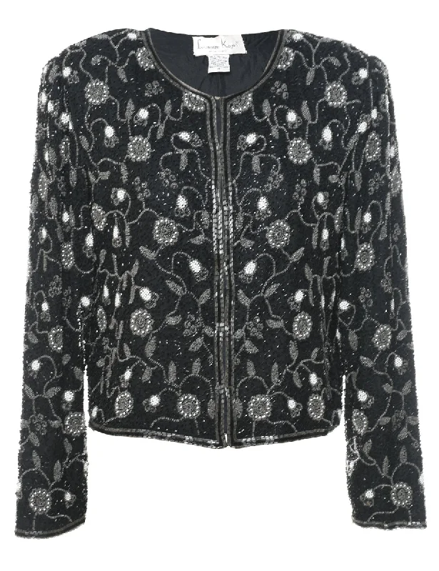 Beaded Black Floral Silk Evening Jacket - M Nylon Jacket Polyester Jacket Spandex Jacket