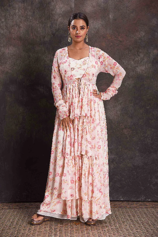 503296 White Floral Cape with Crop Top and Palazzo Mesh Blend Leather Blend Suede Blend