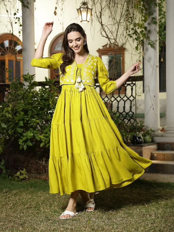 Corn Solid & Embroidered Rayon Tiered Dress with Jacket Anorak Shell Jacket Lightweight Jacket