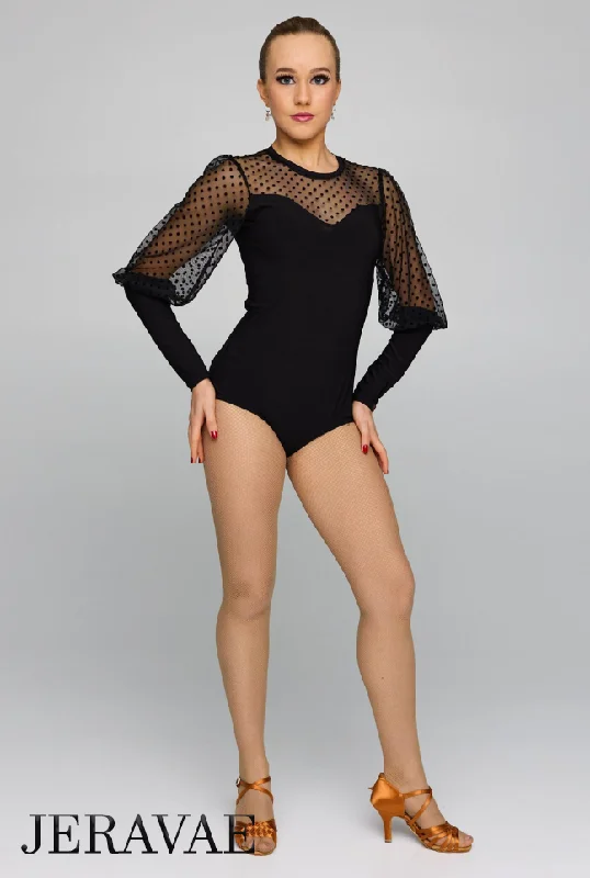 Latin or Ballroom Black Bodysuit Practice Top with Half Blousant Polka Dot Mesh Sleeves and Back Zipper Closure PRA 814 Trendy Sleeveless Bodysuit