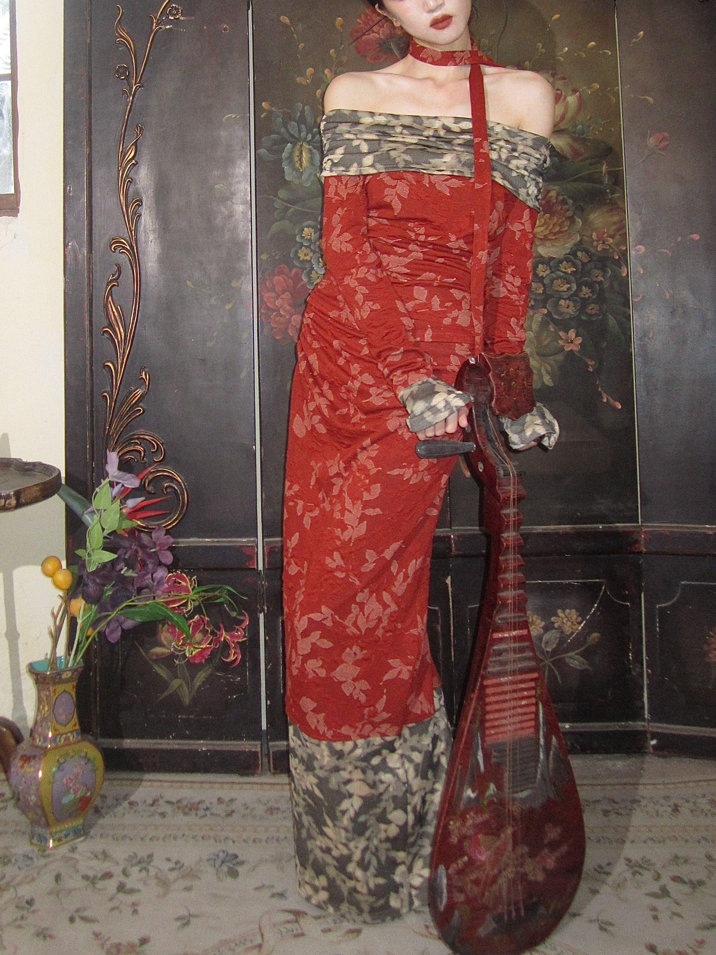 Xiu 锈 Rust New Chinese Style Knitted Jacquard Two-Tone Top & Skirt Set leather skirt modern