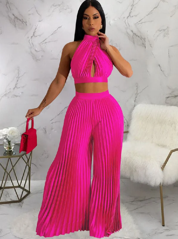 Two Piece Halter Crop Top Wide Leg Pants Silk Blend Satin Velvet