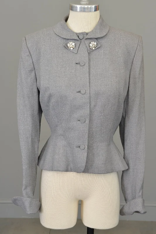 1950s Light Grey Wool Flannel Blazer Jacket, Leslie Fay Zippered Front Buttoned Front Snap Front