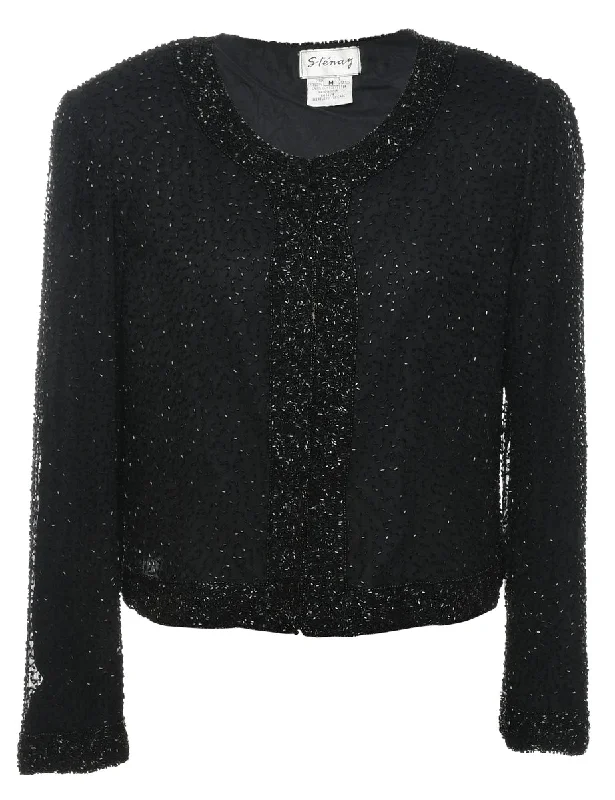 Black Beaded Silk Evening Jacket - M Satin Fabric Silk Fabric Chiffon Fabric