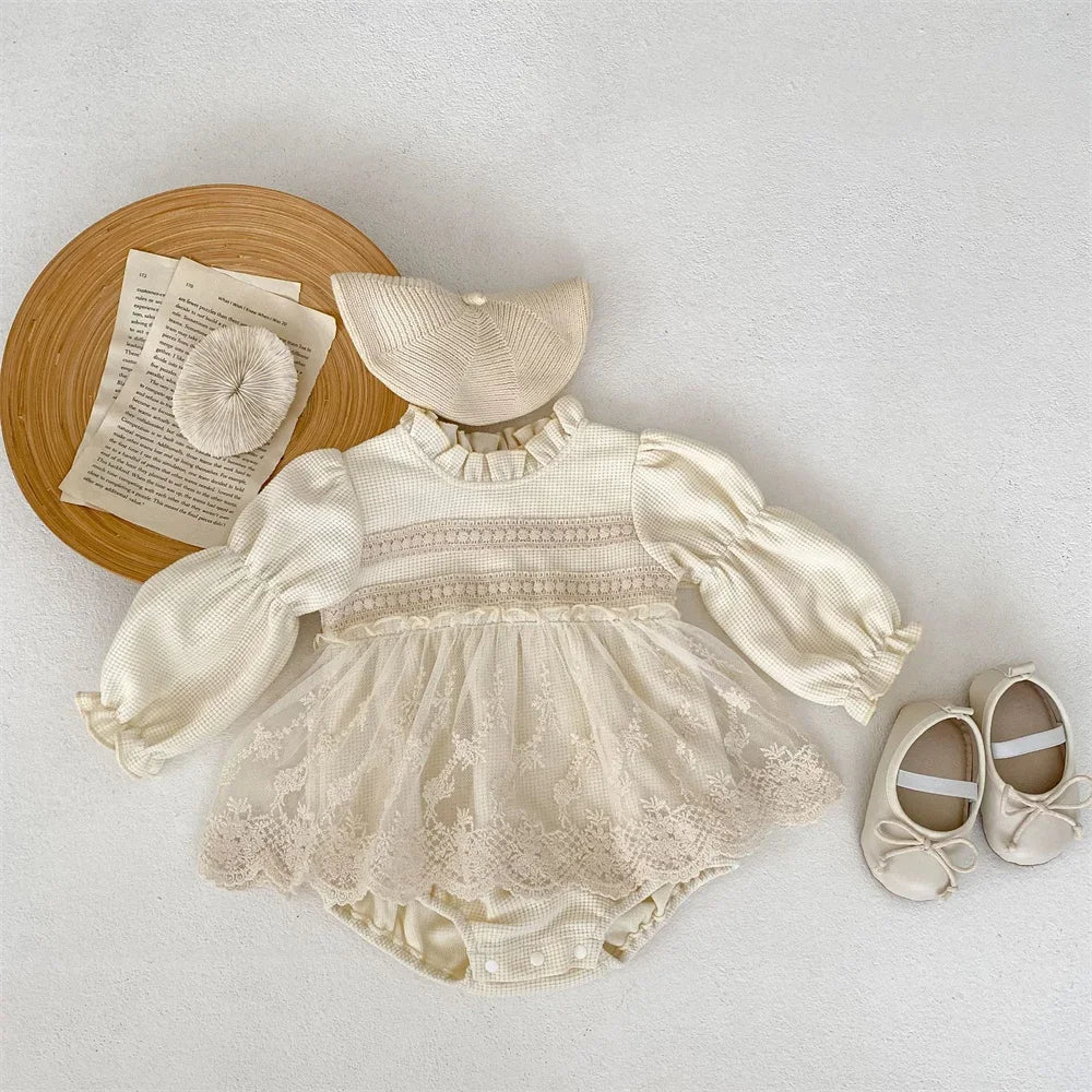 Princess Lace Embroidery Mesh Romper Dress for Little Girls Birthday Clothes Vintage Style Baby Puff Long Sleeve Bodysuit Stylish Bodysuit for Party